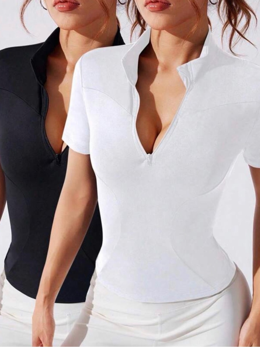 Women’s Zip V-Neck Short Sleeve Top - White
